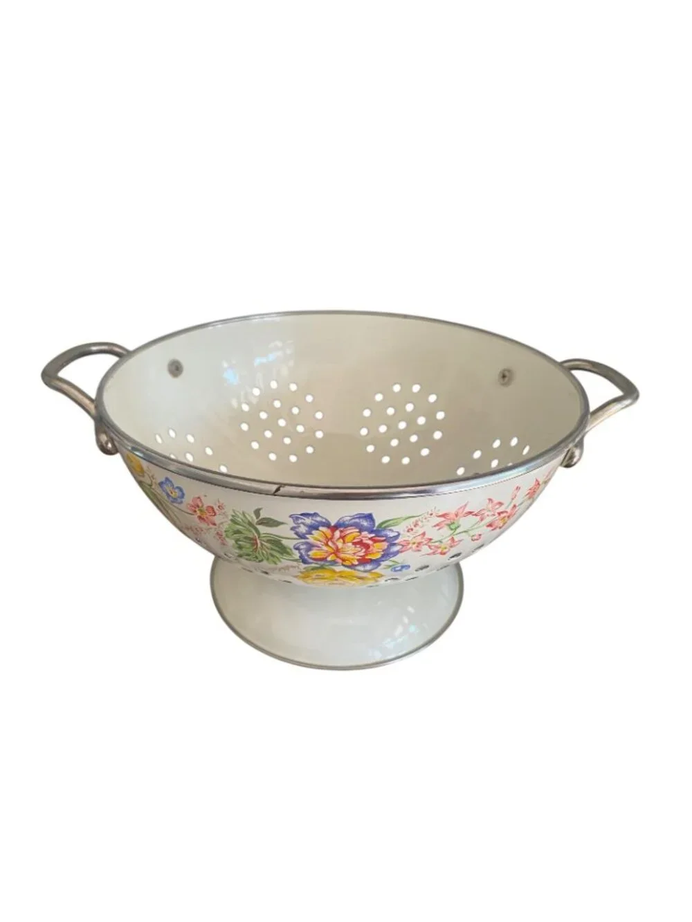 Vintage Kobe Enamelware Floral Colander Footed Enamel Strainer